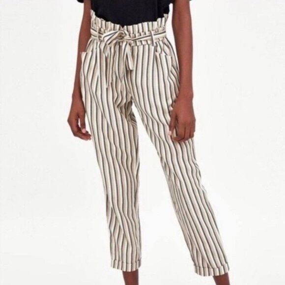 Zara Striped Paperbag Trouser Pants NWT - Picture 1 of 5